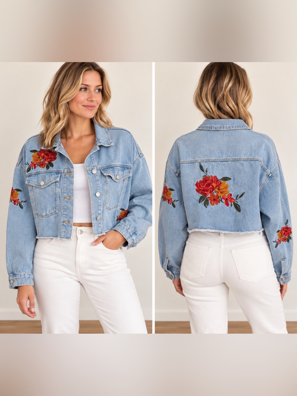 BDG Light Blue Cropped Denim Jacket with Red Floral Embroidery Size XL
